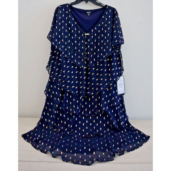 SLNY Women's Sz 16W Navy Gold Printed Flutter Knee Length Shift Party Dress $129 - Picture 1 of 13